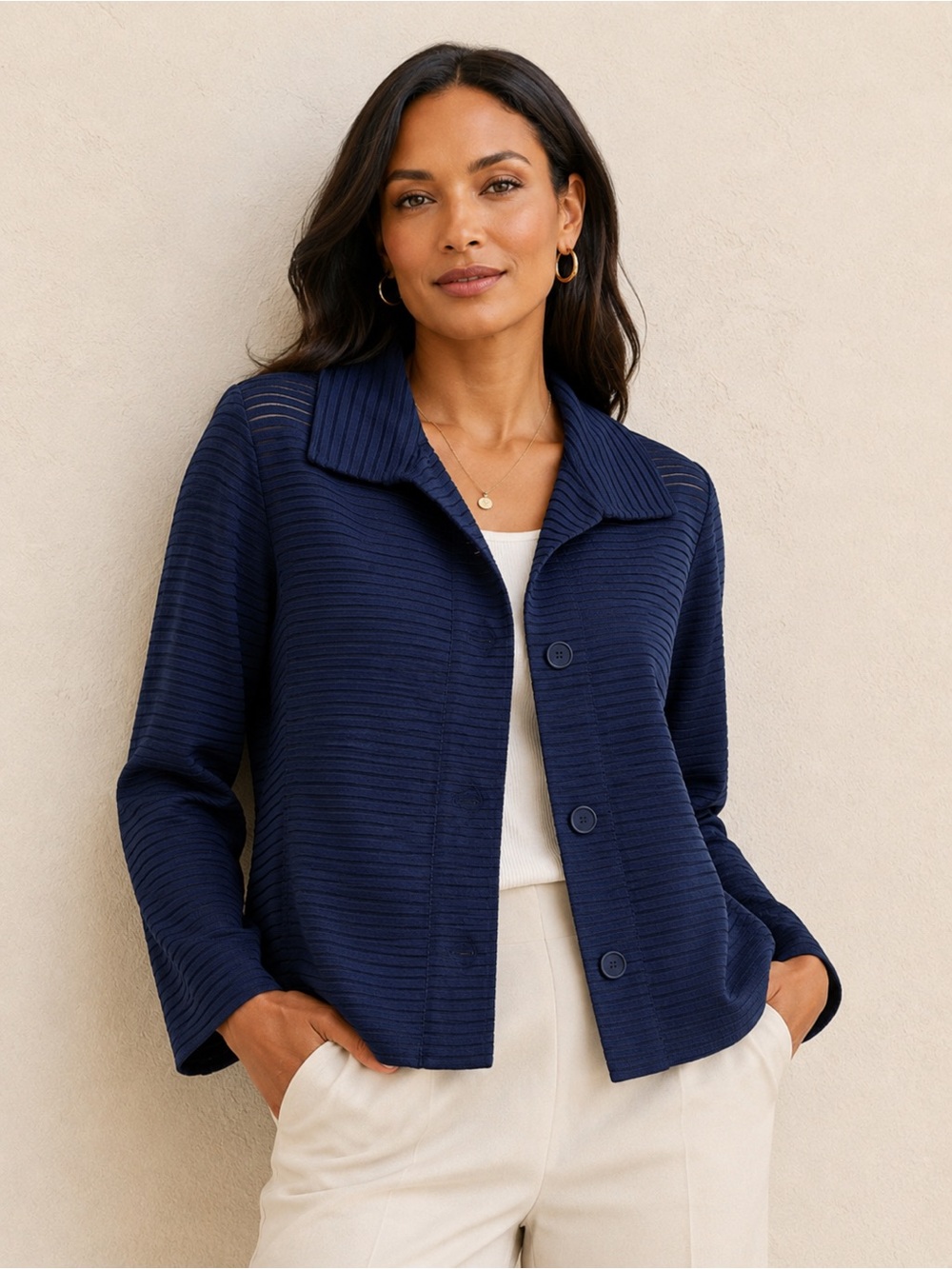Akris Punto Sheer Striped Silk Blend Jacket Navy US 8 (fits like Medium)